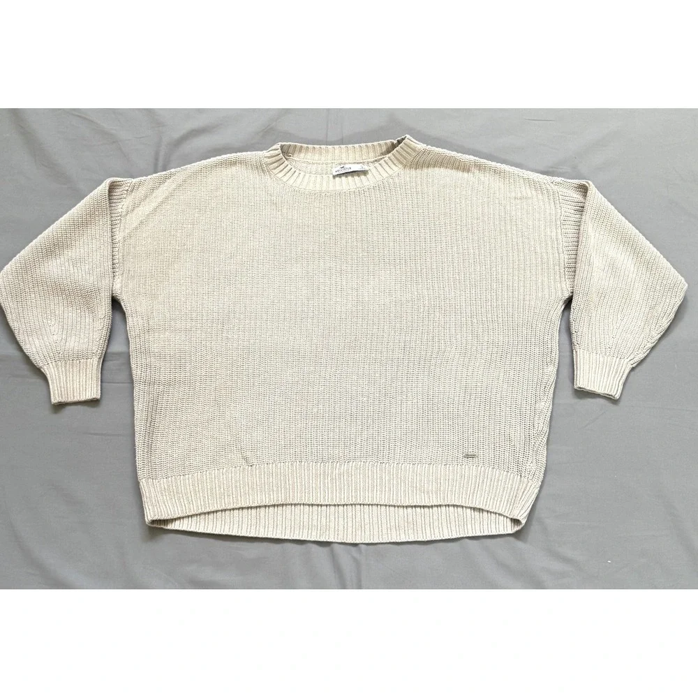 Hollister Womens Shaker Knit Crewneck Sweater Beige Oatmeal‎ Relaxed Fit Small